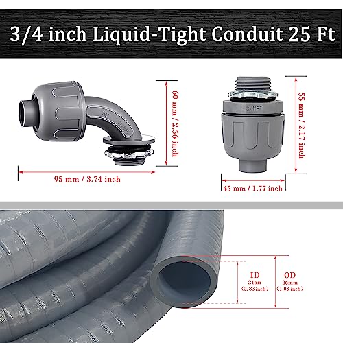 Wocloer 3/4 Inch 25ft Liquid Tight Flexible Electrical Conduit Kit with Connectors