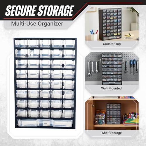 Storage Bin with Drawers 41-Drawer Plastic Parts Organizer by Stalwart (Black) – 40 Small + 1 Large Drawer