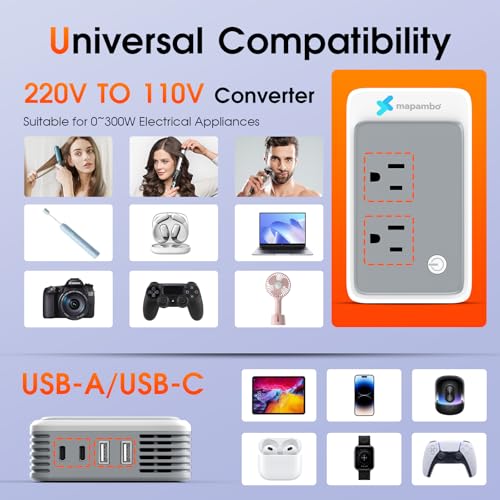 Mapambo Grey 220V to 110V Travel Voltage Converter for Europe, 6-in-1 Power Adapter with USB-C & USB-A Ports