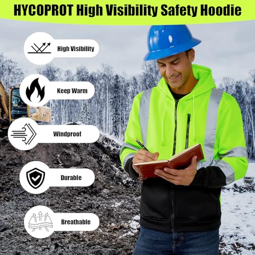 HYCOPROT High Visibility Safety Hoodie Hi Vis Safety Sweatshirts Fleece Reflective Work Jacket for Men Women ANSI Class 3