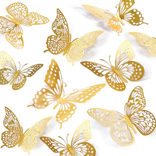 SAOROPEB 48 Pcs Gold 3D Butterfly Wall Decor Set for Birthday & Party