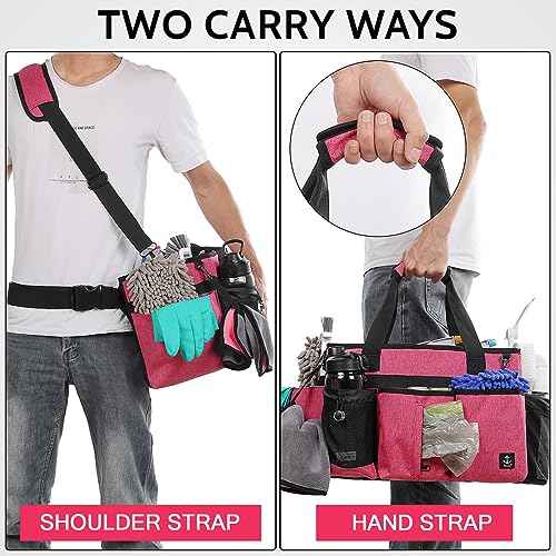 Large Cleaning Caddy Bag Built-in Sturdy Support Board, Cleaning Organizer with Detachable Divider, Cleaning Supply Tote with Adjustable Shoulder Strap&Waist belt for Cleaners & Housekeeper