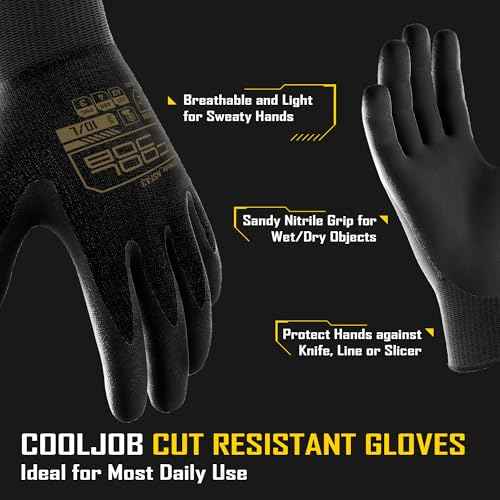 COOLJOB A3 Cut Resistant Fishing Gloves for Men, Touchscreen Safety Work Gloves with Grip Nitrile, Knife Proof Anti-slip Dexterous Rubber Gloves for Glass Handling Wood Carving, Black, Large, 1 Pair
