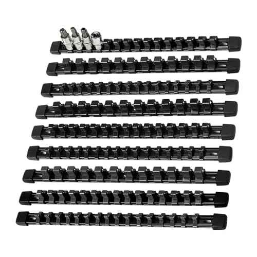 AMM 9-Piece Socket Organizer, 1/2 inch, 3/8 inch and 1/4 inch Drive ABS Tools-Black Socket Holder,Heavy Duty Socket Racks, Premium Quality Socket Clip Rail Holder,The best tool trays in the garage