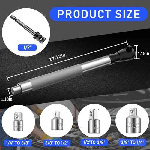 Offset Extension Wrench for Electric Drills,ratchet extension includes with 1/2" 3/8" 1/4" Square Drive Adapters,Impact Ratchet Extender for Tight Spaces