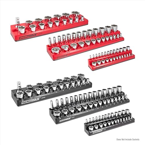 OEMTOOLS 22460 6-Pc Magnetic Socket Tray Set — SAE & Metric, 1/4 3/8 1/2 in Drives, Red & Black
