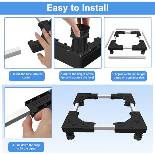 KUPAO Adjustable Mini Fridge Stand with 4 Feet, Black (4-Feet, 16-24 in) – Pedestal for Small Refrigerator, Portable Washer/Dryer