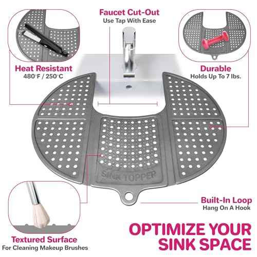 Sink Topper Bathroom Counter Cover & Storage Saver, Foldable Silicone Mat for Hot Tools, Hair Styling & Makeup, Beauty Brush Cleaning Mat, RV Camper Sink Cover & for Small Spaces (Standard Black)