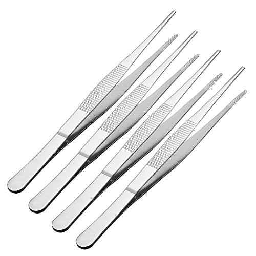 uxcell 4 Pcs 8-Inch Stainless Steel Straight Blunt Tweezers Serrated Tip Daily Garden Tool