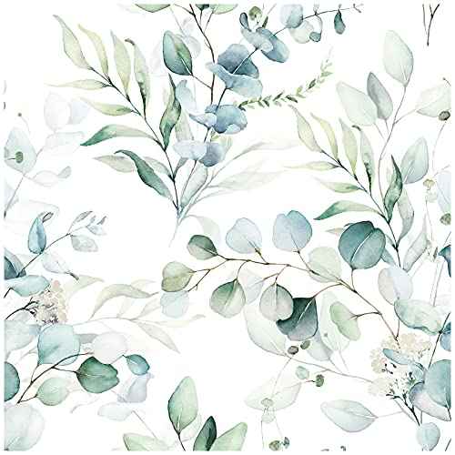 HAOKHOME Peel and Stick Wallpaper Boho Green/White Eucalyptus Leaf Floral Wall Mural Home Nursery Decor Renter Friendly Wallpaper 17.3in x 78.7in