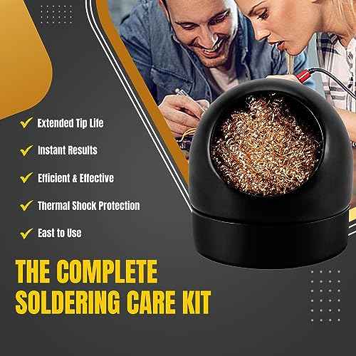 Flexzion Solder Cleaner with Brass Wool Soldering Wire Sponge and Black, Dome-shaped, Non-Slip Solder Sponge Tray Housing, Soldering Iron Tip Cleaner, No Water Needed