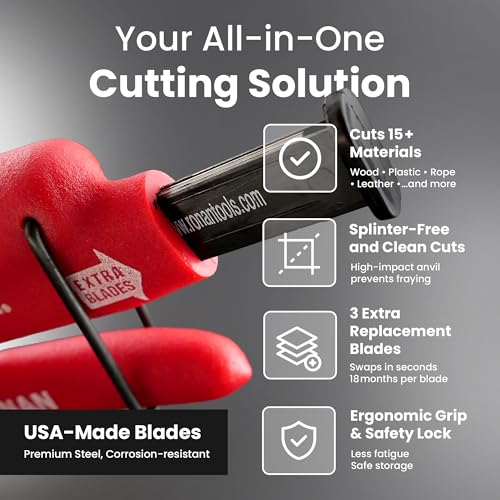 Ronan Multi-Cut Industrial Cutter ? Heavy-Duty Blade for Plastic, Rubber, Wood, Leather & More ? Replaceable Blades, Safety Lock, Ergonomic Grip, 3 Extra Blades Included