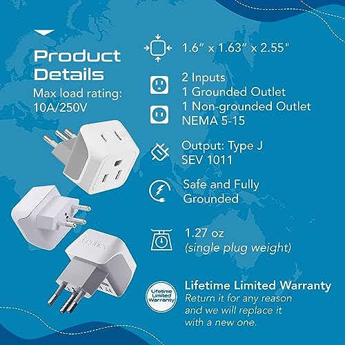 Ceptics Switzerland Travel Adapter Plug White Gray - Dual USA Input, Type J, Compact & Safe