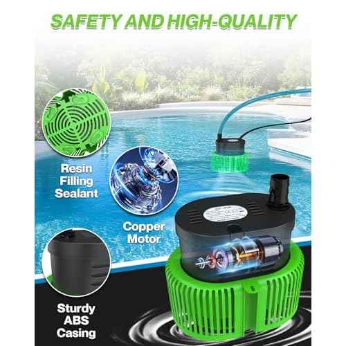 Pool Cover Pump above Ground - Submersible Water Sump Pump Swimming Water Removal Pumps, with Drainage Hose & 25 Feet Extra Long Power Cord, 850 GPH inGround, 3 Adapters