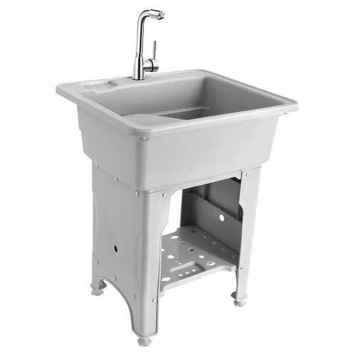Freestanding Plastic Laundry Sink with Washboard for Hand Washing Clothes, Washing Room Laundry Tub Sink w/Faucet and Drain Kit for Basement Garage Laundry Room (Gray, 21.65"D x 25.59"W x 31.5"H)