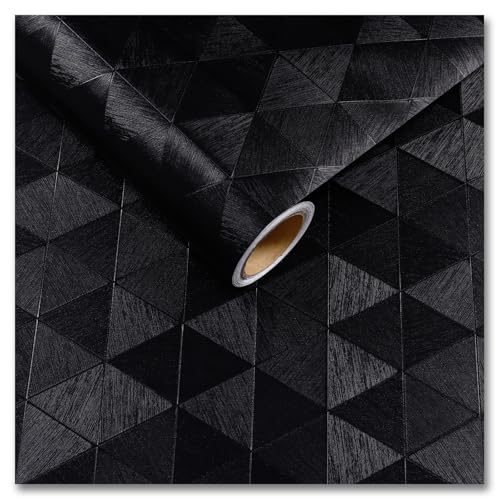CRE8TIVE Black Peel and Stick Wallpaper Textured Modern Black Contact Paper for Cabinets Countertops Waterproof Triangle Diamond Geometric Removable Wallpaper for Bedroom Bathroom Accent Walls 12"x80"
