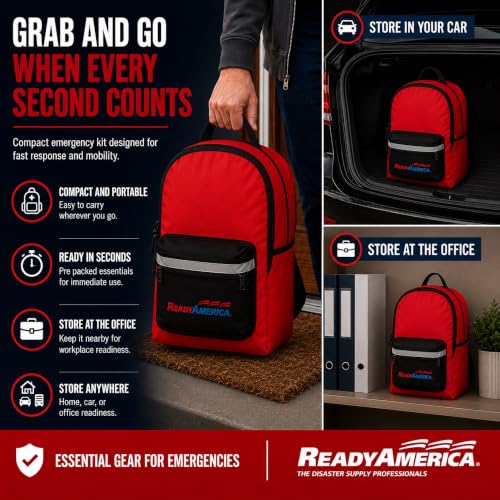 Ready America 72 Hour Emergency Kit for 1 Person Backpack with First Aid, Food, Water, Shelter — Disaster Preparedness Go-Bag