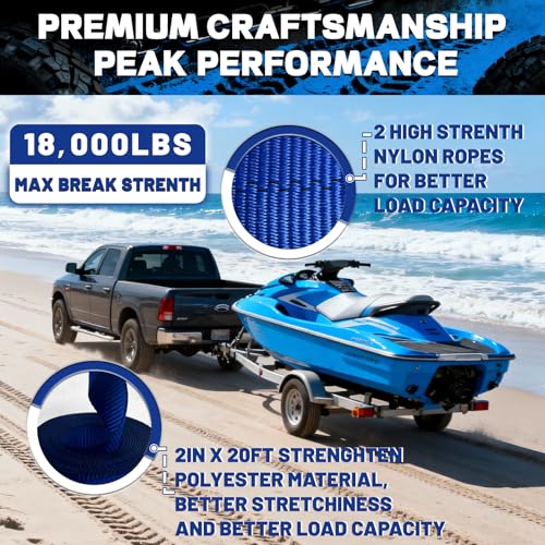 Blue Boat Winch Strap with Hook 2"x20ft 18,000lb Heavy Duty Marine Towing