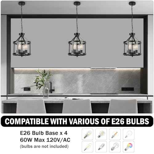 Black Farmhouse Chandelier, 4-Light Pendant Lights Over Kitchen Island, Industrial Chandelier Ceiling Hanging Light Fixtures for Entryway Dining Room Foyer Hallway Living Room, Adjustable Height