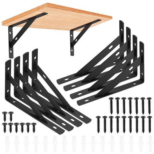 8 Pack Heavy Duty Wall Mount L Brackets Black 3.7"x6" - Strong Metal Floating Shelf Supports