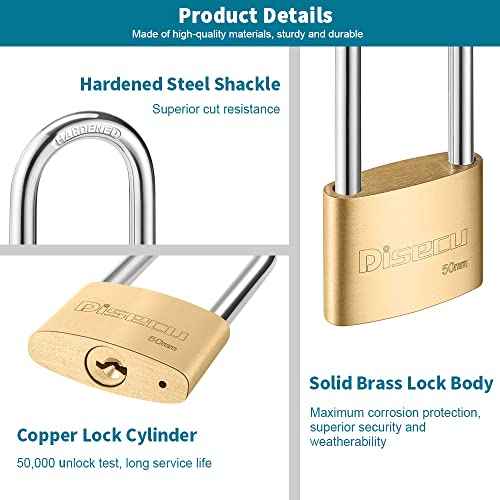 Solid Brass Keyed Padlock, 2 Inch (50mm) Wide Body, 3.2 Inch Long Shackle Outdoor Waterproof Lock with Keys for Shed, Gate, School Gym Locker, Fence, Hasp Storage (2 Pack)