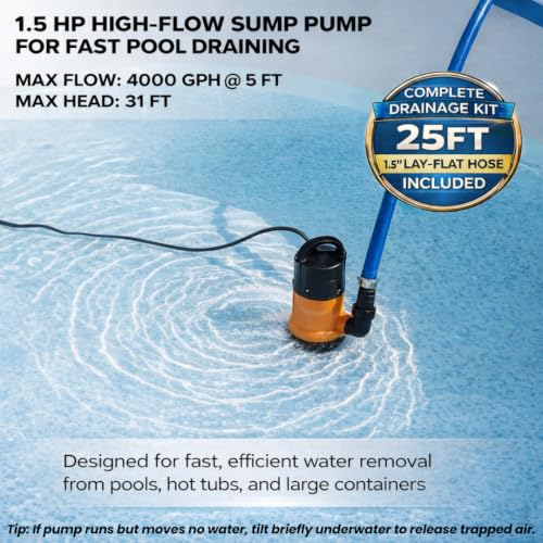 20ft Submersible Water Pump with 25ft Hose, 4000 GPH Portable Drain Pump
