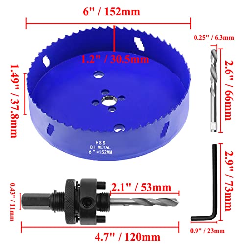 6 Inch Hole Saw with Heavy Duty Arbor, 1.2 Inch Cutting Depth HSS Bi-Metal Hole Drilling Cutter for Smoothly Cutting in Wood Cornhole Boards Plastic Drywall & Thin Metal