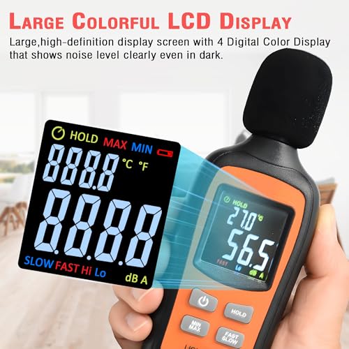 V·RESOURCING Decibel Meter 35-135dB Orange & Black with Temp, Fast/Slow, Max/Min & Data Hold