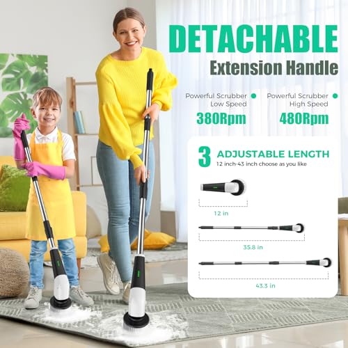 YKYI White Cordless Electric Spin Scrubber with Long Handle & 8 Brush Heads