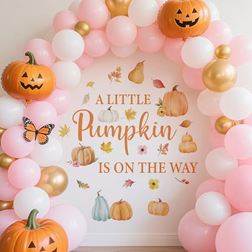 A Little Pumpkin is On The Way Decal - Autumn Fall Pumpkins Backdrop Decals for Baby Shower Party Decorations, Halloween Balloon Arch Sticker for Gender Reveal Party Supplies
