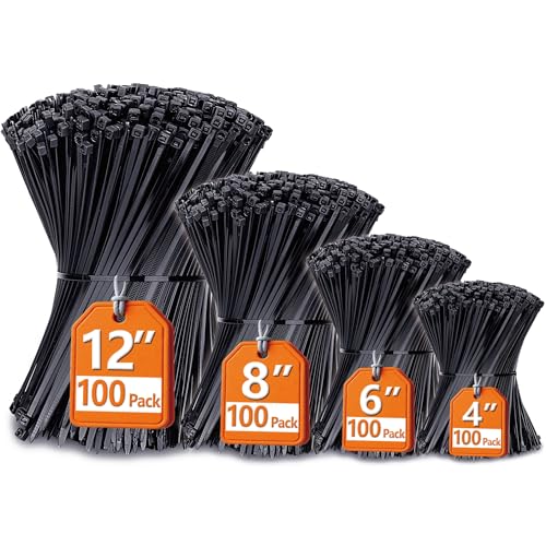 ANOSON Assorted Zip Ties 4”, 6”, 8”, 12” – 400 Pack UV-Resistant Cable Ties