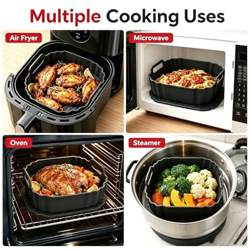 Victoyaw 2-Pack Square Silicone Air Fryer Liners 8.5" for 5-6.5 QT (Black+Red), Ninja AF141/AF181, COSORI, Chefman