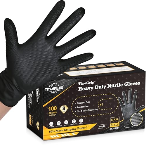 TitanFlex Heavy Duty Black Nitrile Safety Gloves 8mil Large - Latex-Free, Diamond Texture