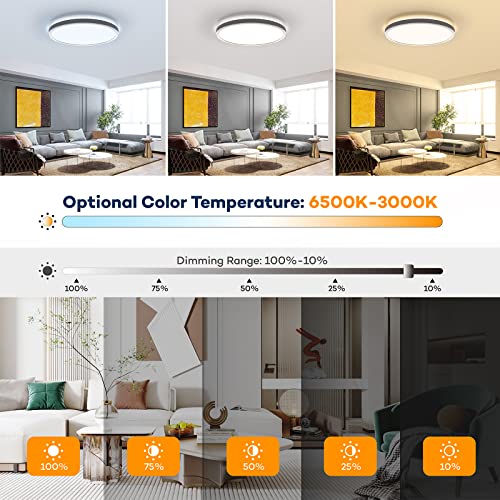 White 12-Inch Dimmable LED Flush Mount Ceiling Light with Remote, Adjustable 3000K-6500K for Bedroom & Kitchen