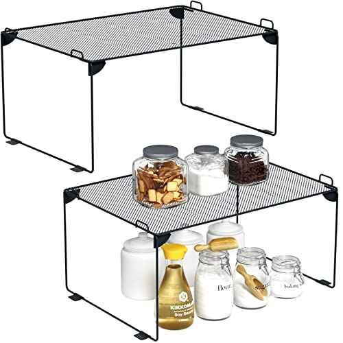 Neudeco Stackable Cabinet Shelf Organizer - 2 Pack Metal Mesh Stacking Shelves for Kitchen, Closet, Bathroom, Countertop and Cabinet -Gray