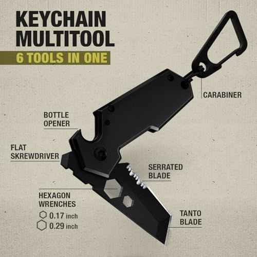 Mini Keychain Knife with Carabiner - 1.3" Tanto Serrated Blade - 6 in 1 Black Multitool - Bottle Opener Box Cutter Liner Lock - EDC Gadgets - Legal Folding Small Pocket Knives for Men Women Gifts 2248