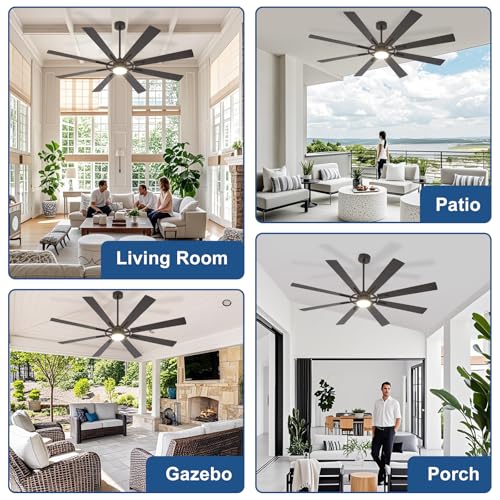 BvenuBigLite Black 72-Inch Modern Outdoor Ceiling Fan with Lights and Remote Control - Reversible 6-Speed Quiet DC Motor
