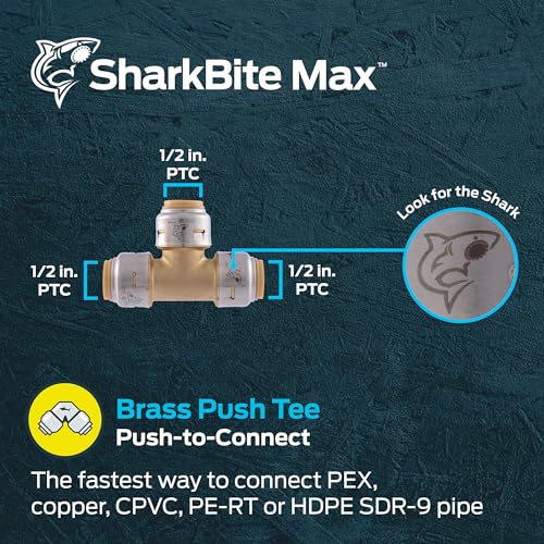 SharkBite Max 1/2 Inch Push-to-Connect Brass Tee Fitting for PEX, Copper, CPVC, HDPE - Model UR362A