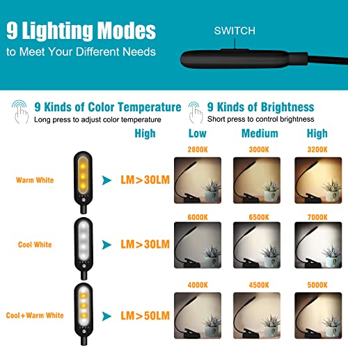 VAVOFO Rechargeable Book Light with 7 LEDs, 9 Color Temperatures & Brightness Levels - Black
