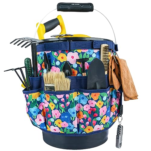 MELOTOUGH Bucket Caddy Organizer for 3.5–5 Gallon Buckets (Blue Flower) – Garden Tool Tote
