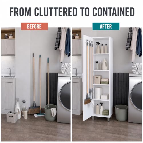 FUCIHOMA White Tall Slim Storage Cabinet with 3 Broom Hangers, 5 Shelves, Modern Melamine Finish