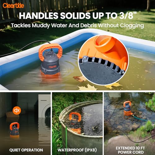 Cleartide 1/2 HP Submersible Utility Water Pump - 3060 GPH Sump & Pond Pump
