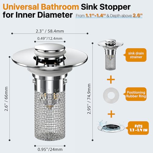 PixTok 2PCS Bathroom Sink Stopper Set with Strainer & Filter, Universal Drain Plug