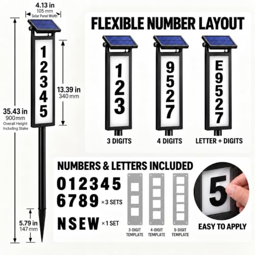 Eyrosa Solar House Number Sign - Illuminated Aluminum Yard Address Plaque