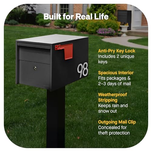 Adoorn Small Black Locking Mailbox Post Mount - Modern, Weatherproof, Secure