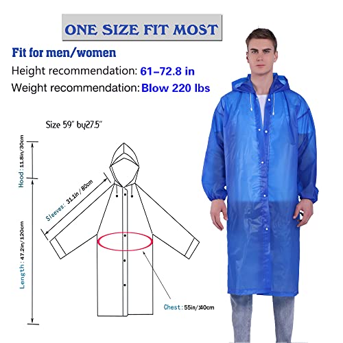 YDYJKI 2 Pack Waterproof Rain Ponchos for Adults with Hood, Reusable Lightweight Emergency Raincoats - One Size Sapphire Blue