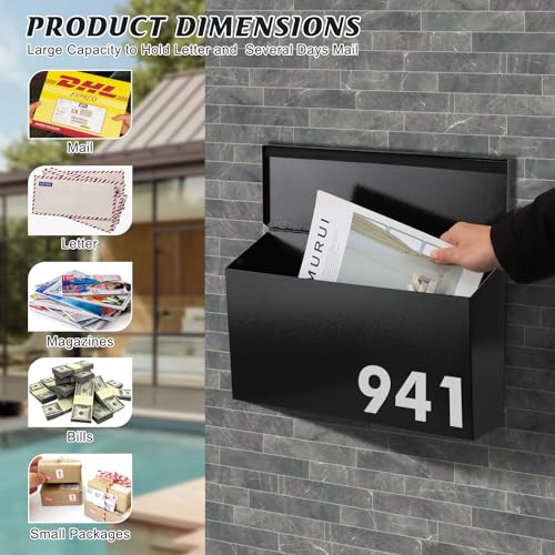 KYODOLED Large Wall Mount Mailbox Black-01 Galvanized Steel, Weather-Resistant