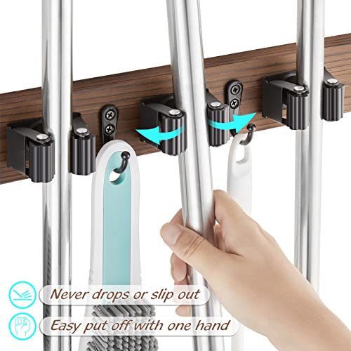 OUTNILI Rustic Wood Wall-Mounted Broom and Mop Holder with 4 Slots & Hooks - Brown / 4 Grips - 1 Pack