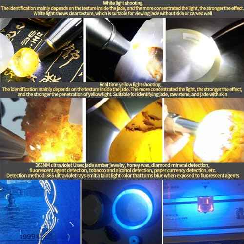 Six in One Jade Recognition Strong Light Flashlight, LED Outdoor Mineral Gemstone Crystal Beeswax Detection Light, White Yellow Red Blue Light 395nm and 365nm UV Multi Source Flashlight.