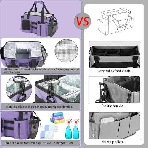 Wearable Cleaning Caddy Bag, Cleaning Organizer with Handles, Cleaning Supply Tote with Adjustable Shoulder Strap for Cleaners & Housekeeper (Purple, 13.4'' x 7.3'' x 9.3'')